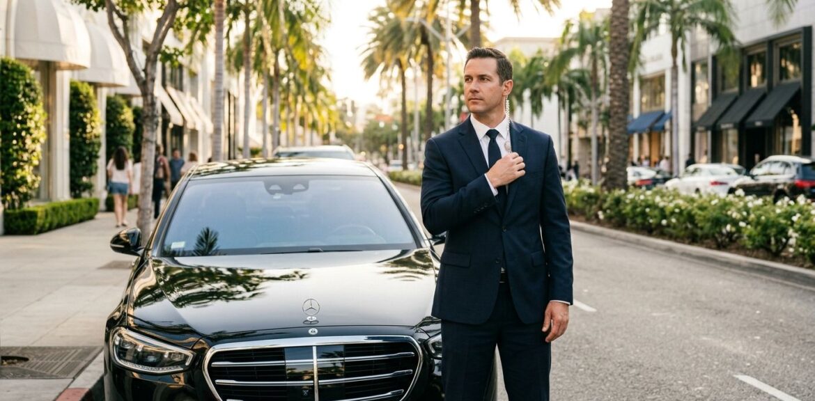 Discreet protection agent in a dark suit standing beside a black luxury sedan on a tree-lined Beverly Hills street