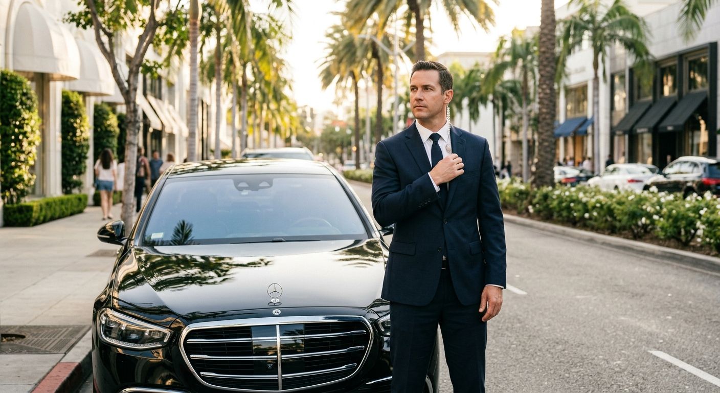 Discreet protection agent in a dark suit standing beside a black luxury sedan on a tree-lined Beverly Hills street