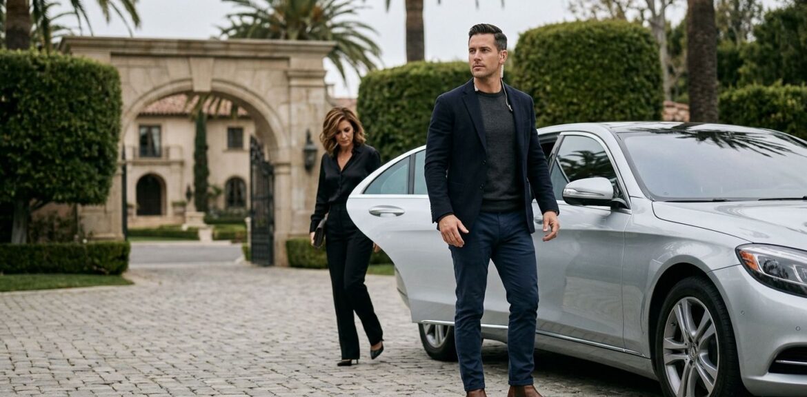 Professional security agent in plainclothes beside luxury sedan outside Beverly Hills estate, providing discreet executive protection.