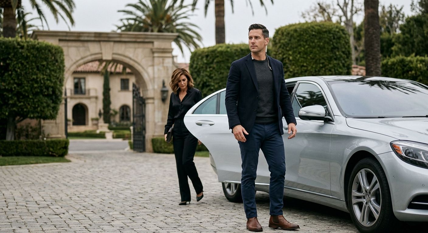 Professional security agent in plainclothes beside luxury sedan outside Beverly Hills estate, providing discreet executive protection.