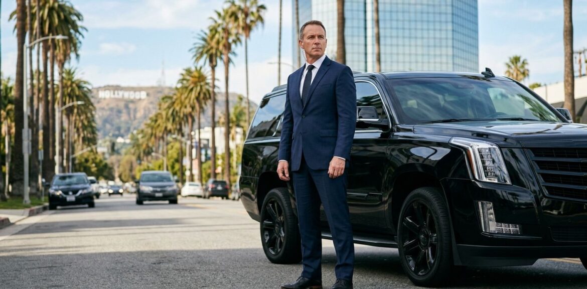 Licensed executive protection agent in dark suit standing beside a black SUV on a palm-lined Los Angeles street.