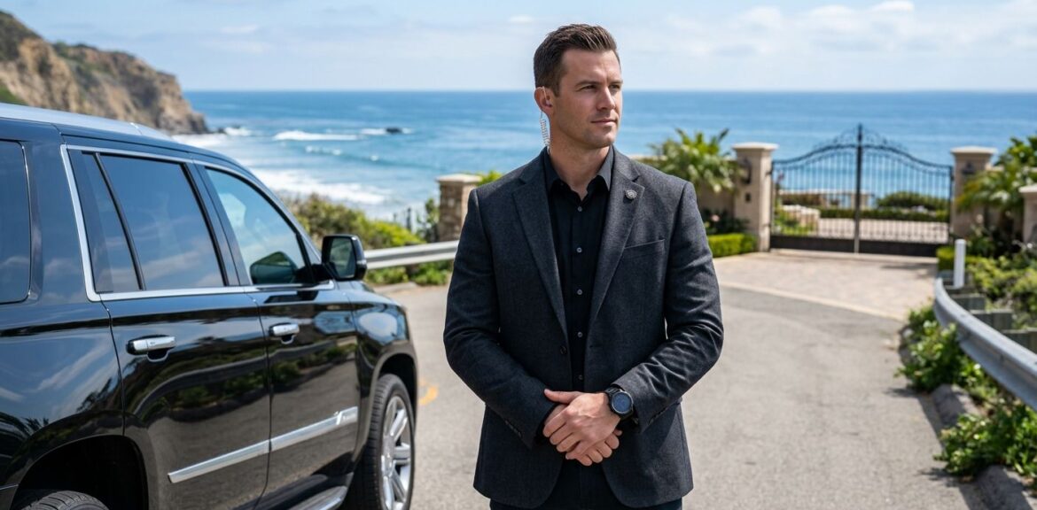 A professional photograph of a plainclothes security agent standing near a luxury SUV on a Malibu coastal road, with estate gates and Pacific Ocean in the background.