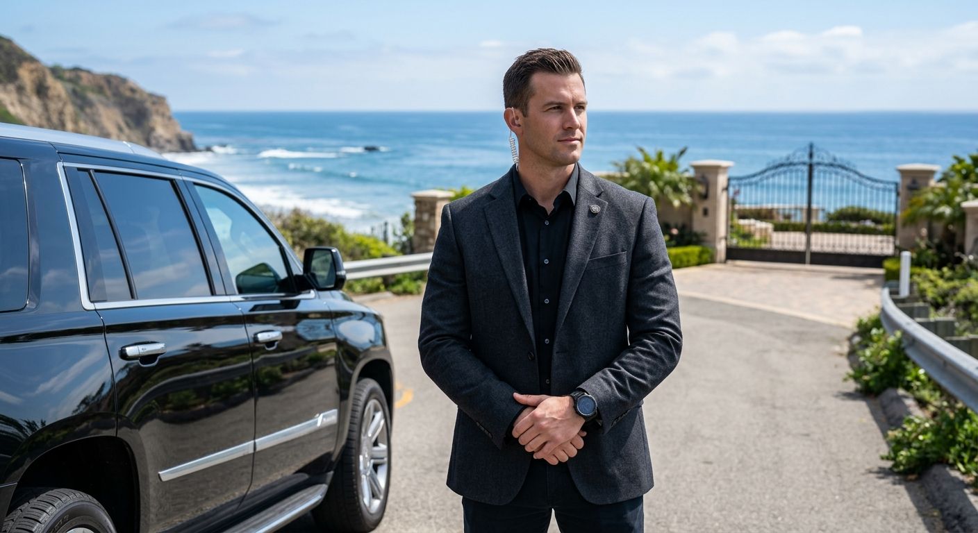 A professional photograph of a plainclothes security agent standing near a luxury SUV on a Malibu coastal road, with estate gates and Pacific Ocean in the background.