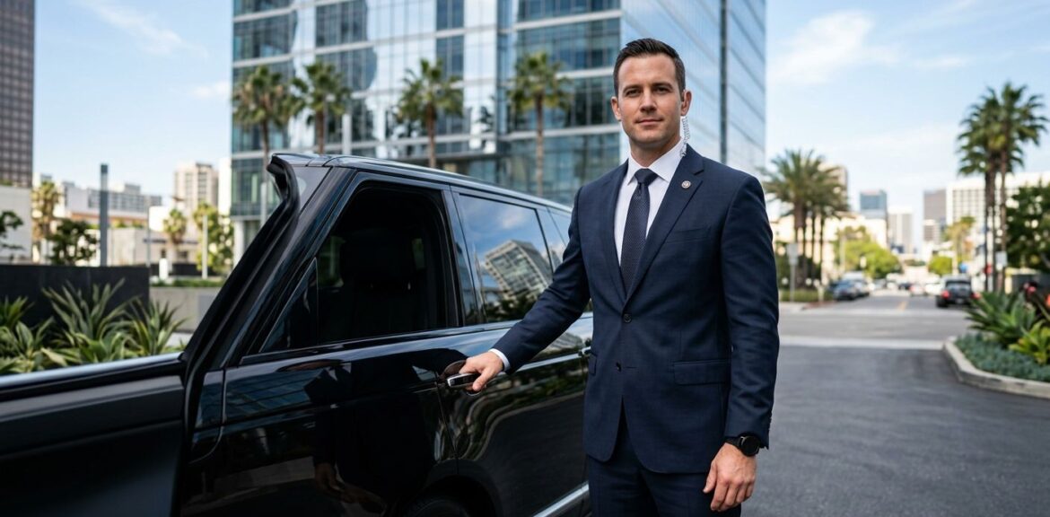 Executive protection agent in a tailored dark suit standing beside a black luxury SUV in front of a Los Angeles high-rise