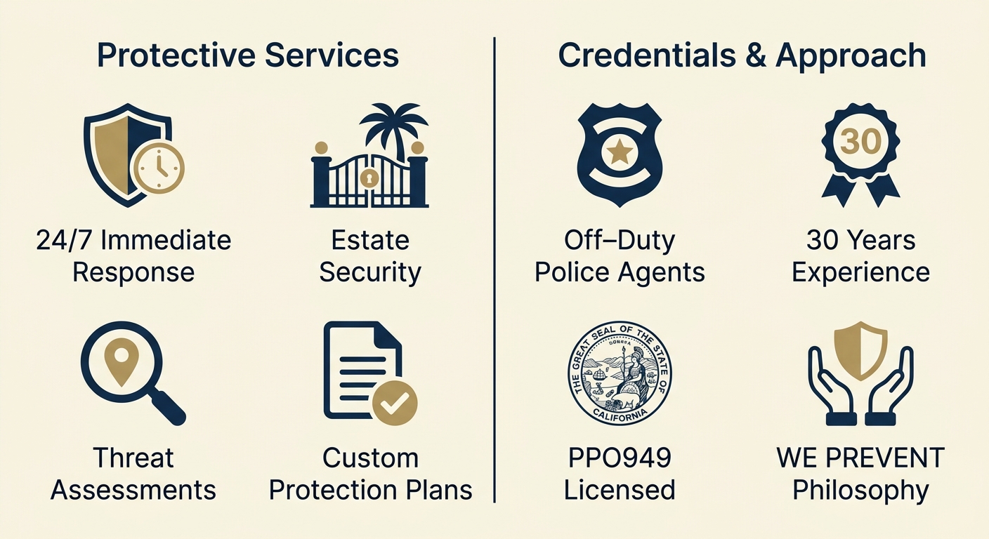 Infographic comparing protective services and credentials of Armguard Security for Malibu clients.