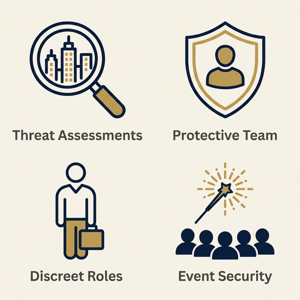 Four outlined icons in deep navy and muted gold on a warm off-white background representing executive protection services: threat assessments, protective team, discreet roles, and event security